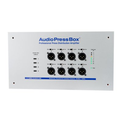 AudioPressBox audiosplitter til installation in-wall 1 Dante og 8 mic/line out + 4 x USB-c