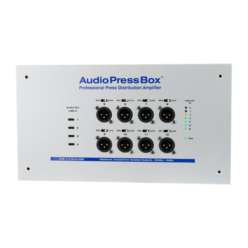 AudioPressBox audiosplitter til installation in-wall 1 Dante og 8 mic/line out + 4 x USB-c