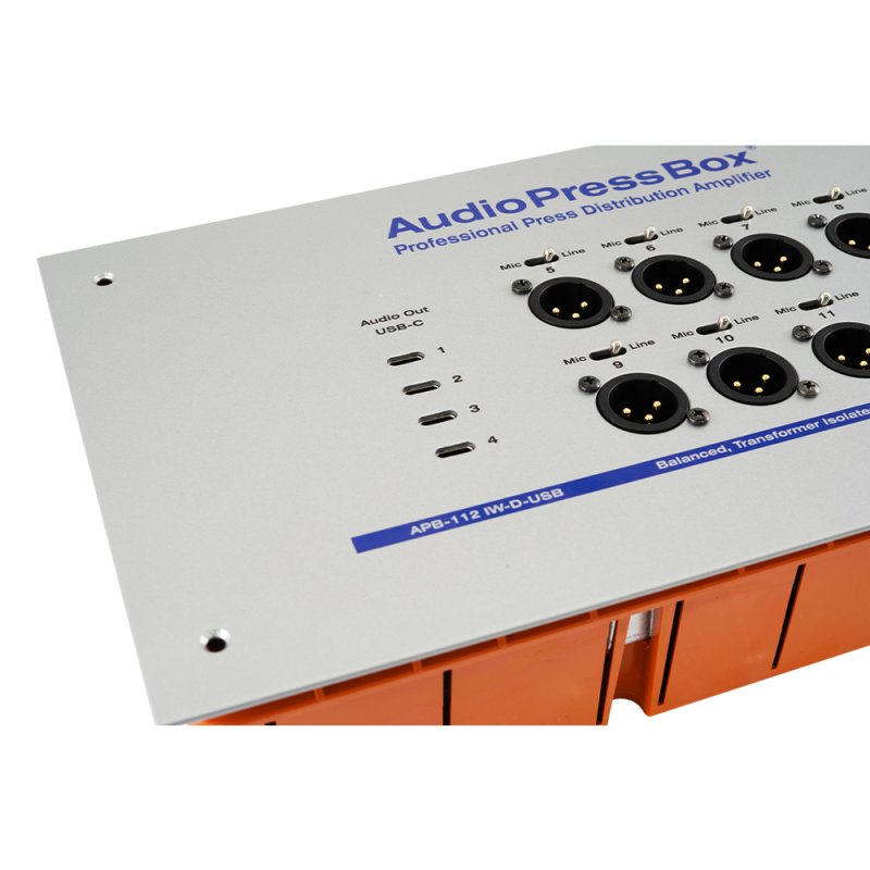 AudioPressBox audiosplitter til installation in-wall 1 Dante og 8 mic/line out + 4 x USB-c