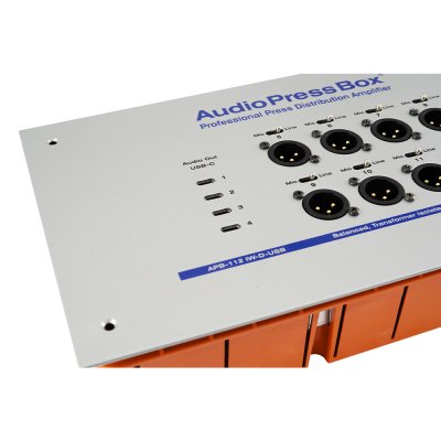 AudioPressBox audiosplitter til installation in-wall 1 Dante og 8 mic/line out + 4 x USB-c