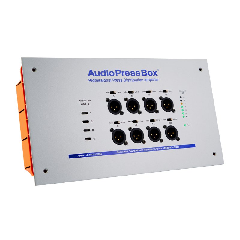 AudioPressBox audiosplitter til installation in-wall 1 Dante og 8 mic/line out + 4 x USB-c