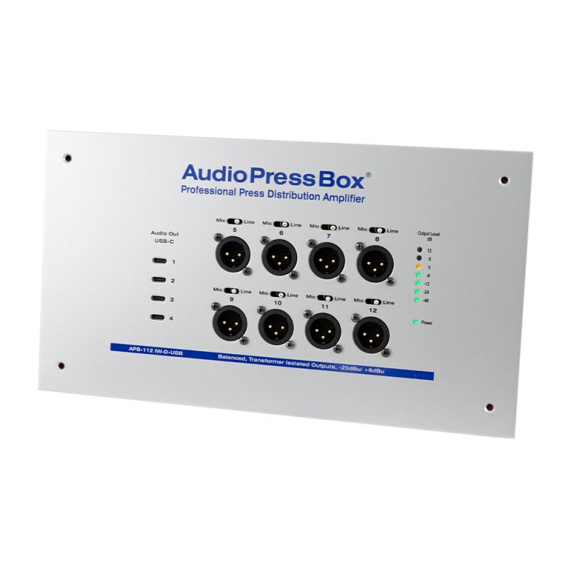 AudioPressBox audiosplitter til installation in-wall 1 Dante og 8 mic/line out + 4 x USB-c