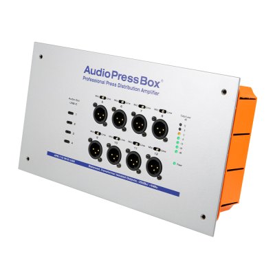 AudioPressBox audiosplitter til installation in-wall 1 Dante og 8 mic/line out + 4 x USB-c