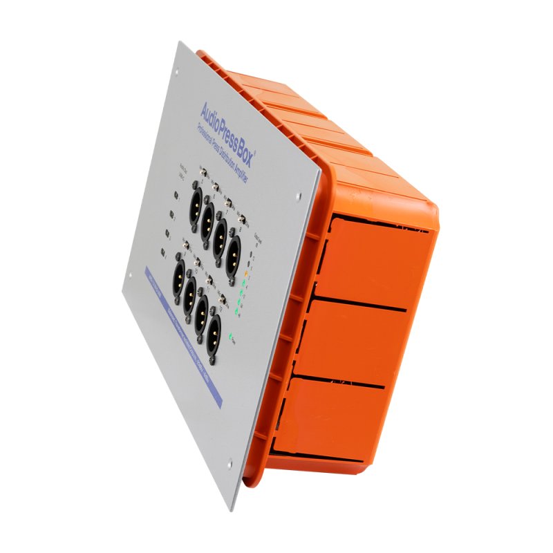 AudioPressBox audiosplitter til installation in-wall 1 Dante og 8 mic/line out + 4 x USB-c
