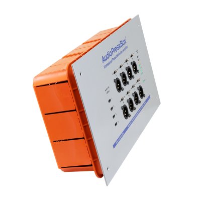 AudioPressBox audiosplitter til installation in-wall 1 Dante og 8 mic/line out + 4 x USB-c