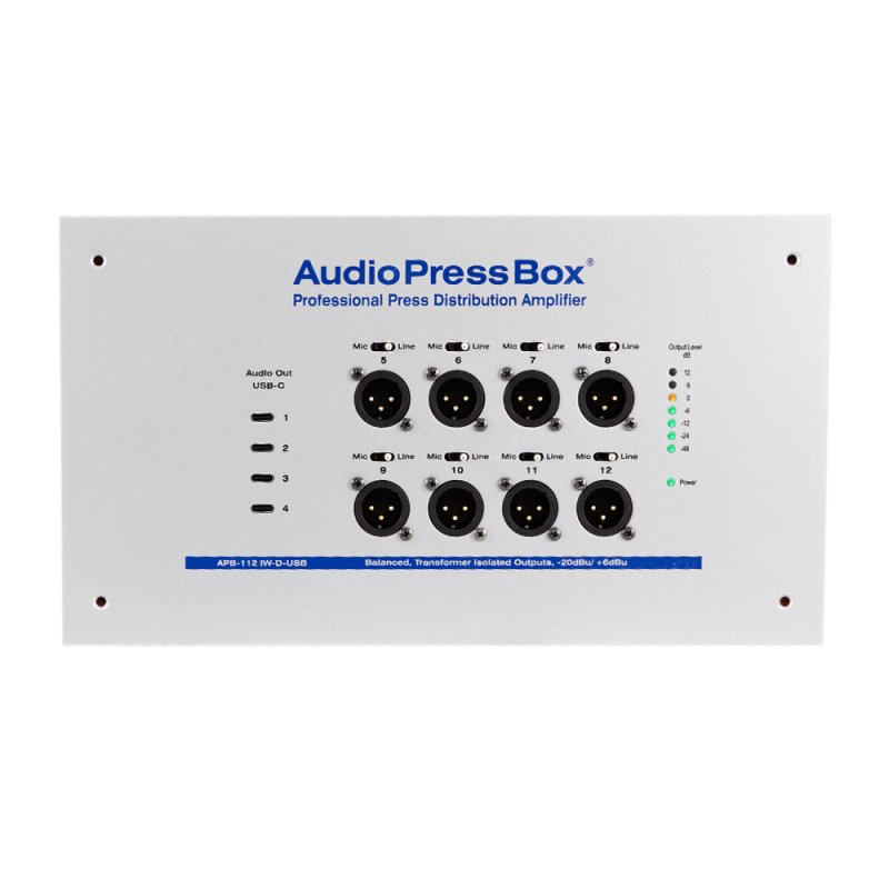 AudioPressBox audiosplitter til installation in-wall 1 Dante og 8 mic/line out + 4 x USB-c