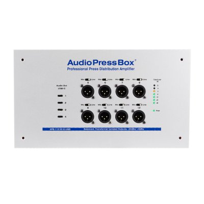 AudioPressBox audiosplitter til installation in-wall 1 Dante og 8 mic/line out + 4 x USB-c