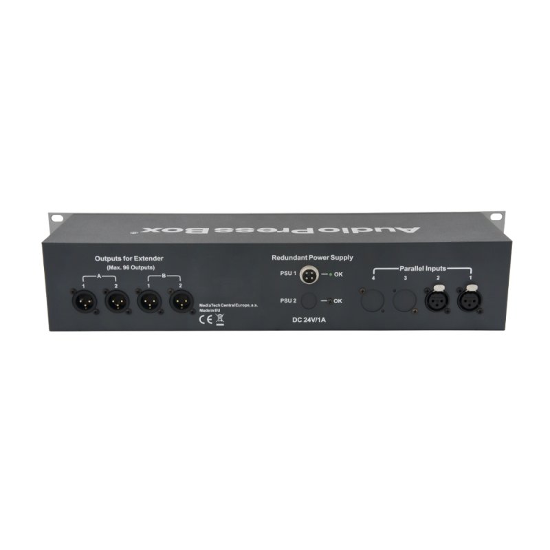 AudioPressBox audiosplitter til rack 2 in og 8 mic/line out. Redundant PSU