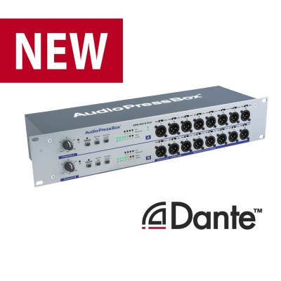 AudioPressBox 2 kanals audiosplitter til rack 2 mic/line + 2 Dante in og 16 mic/line out