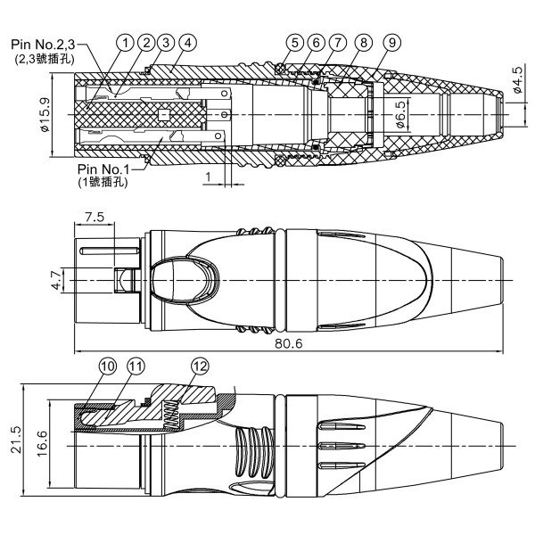 Enova 3-Pin XLR kabel hun stik, Sort IP67 outdoor