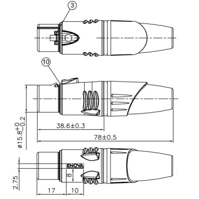 Enova 3-Pin XLR hun kabel stik, sort