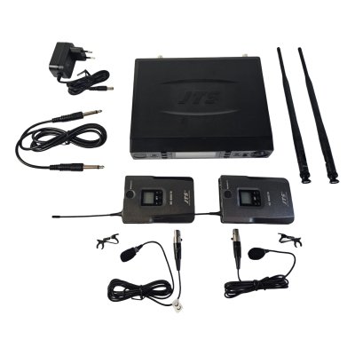 JTS Tr�dl�s mikrofons�t med 1 h�ndholdt og 1 beltpack med knaphulsmikrofon
