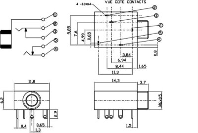 Mini jack 3,5mm chassis PCB m/ bryter funksjon