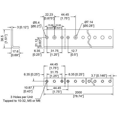 Rackskinne profil 45 unit (2 meter) med 6 mm gevind huller