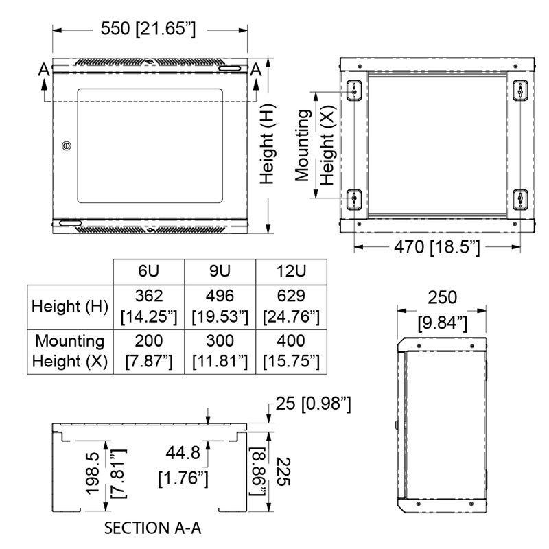 Vggmonterat rack med polykarbonatdrr 6 enheter, anvndbart djup 225 mm