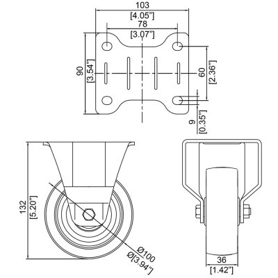Bl� gummihjul Heavy Duty 100mm, fast hjul