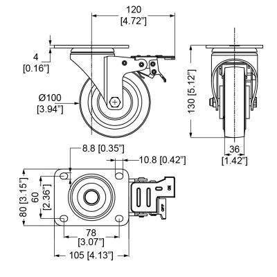 Bl� gummihjul Heavy Dutry 100 mm drejbare hjul med l�s og bremse