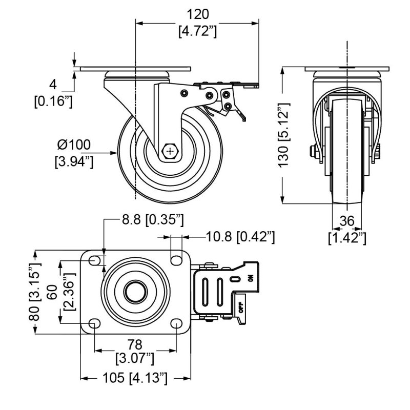 Bl gummihjul Heavy Dutry 100 mm drejbare hjul med ls og bremse