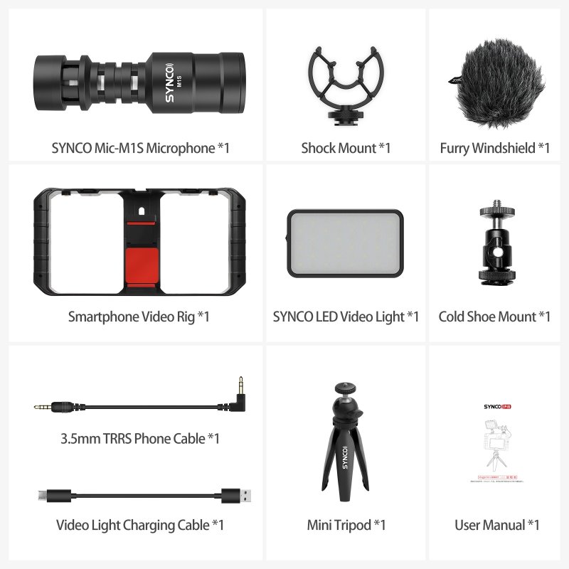 Synco vlog kit komplet med mikrofon, LED, stativ og greb