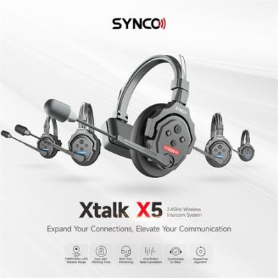 Synco tr�dl�s intercom s�t med 5 styk headset, Sort